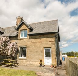 A stone house with a white door and windows with a wooden picnic table and flowering bushes outside at Appletree in Alnwick
