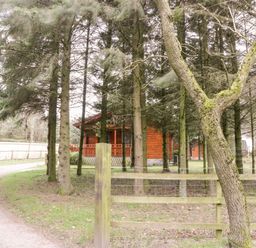 A dirt road curving past a wooden fence with trees and a wooden cabin in the background at Chloes Lodge in Middleton Ryedale