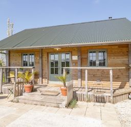 A wooden cabin with a green roof and a small porch with potted plants in front of Little Willow in Farrington near Child Okeford