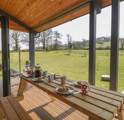 A covered wooden patio with a picnic table set with croissants and mugs overlooking a grassy field at Primrose in Sticklinch West Pennard Glastonbury