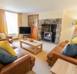 A living room with brown leather sofas with yellow and blue cushions a wood stove in a stone fireplace a wooden coffee table a television and light curtains at Llety Perygl in Harlech