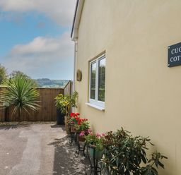 The exterior side of a yellow cottage with potted plants along the wall and a wooden fence in the background at Cuckoo Cottage in Bridport