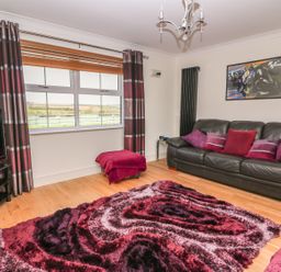 A living room with a black leather sofa red and purple cushions a patterned rug a window with curtains and blinds and a television at Cadwgan in Aberporth