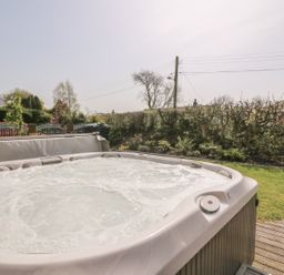An outdoor hot tub in a garden with grass hedges and trees at Cadwgan in Aberporth