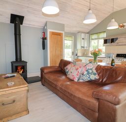 A living room with a brown leather sofa next to a wood-burning stove and a wooden chest table at The Hen House Stockwell Heath near Rugeley
