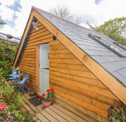 A wooden cabin with a small blue table and chairs outside surrounded by plants at Orchard Loft in Brownston near Modbury
