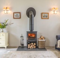 A room with a wood stove fire, a basket of logs, a white dresser with flowers, and a blue sofa with a blanket at The Old Laundry in North Tawton