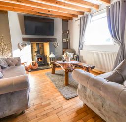 A living room with a fireplace and sofa at Woodland Cottage in Garth