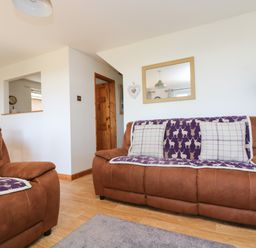 A living room with brown sofas covered by purple patterned throws pillows and a purple floor lamp at Dartmoor 2 in Callington