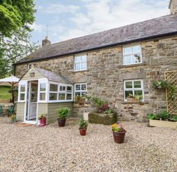 Stone cottage with a small porch surrounded by potted plants and gravel area at Isaacs Cottage Spartylea near Allendale
