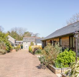 A driveway with planted bushes and stone buildings under a clear sky at Kingcup Cottage in St Columb Major