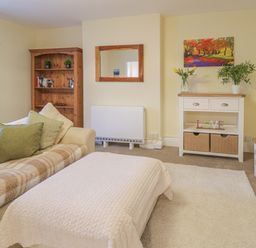 A living room with a sofa cushions and blanket a wooden bookshelf a mirror cabinet with plants and a colorful painting at Beside The Sea - In Town in Llandudno