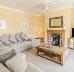 A living room with sofas pillows a wooden coffee table with flowers a fireplace and a television at Angorfa in Llanbedr