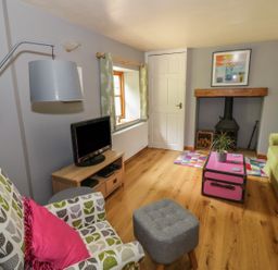 A living room with patterned armchair green sofa and television at Cottage on the Common in Westbury-on-Severn