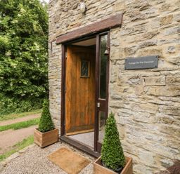 An open wooden door on a stone wall with two potted conical plants on either side at Cottage on the Common in Westbury-on-Severn