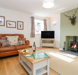 A living room with a leather sofa a coffee table with wine and snacks a wood burning stove and a mounted deer head at Duck Cottage in Sutton Poyntz
