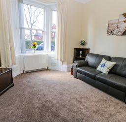 A living room with a black leather sofa a wooden corner shelf with a globe and lamp a television on a wooden cabinet and a vase with flowers on a window ledge at Sailors Lodge in Filey