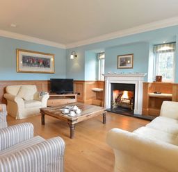 A living room with a fireplace a television wooden coffee table and various sofas at Dinas Noddfa in Nant Gwynant