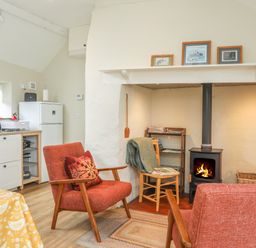A living area with two red chairs a wood burning stove a small wooden chair with a blanket a kitchenette and a table with a yellow tablecloth at Ffrwd Cottage in Bodorgan