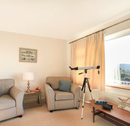 A sitting room with two armchairs a side table with a lamp a telescope and a coffee table with books and decorative birds at Garnedd Lwyd in Llanfair