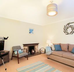 A living room with a sofa armchair fireplace television and telescope at Garnedd Lwyd in Llanfair