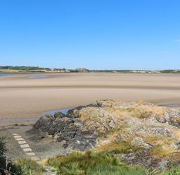 A sandy beach with rocky outcrops and green vegetation under a clear blue sky at Glanrhyd Uchaf in Llanfair yn Neubwll