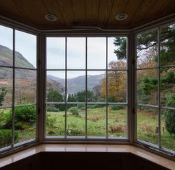 A window with multiple panes overlooking a grassy landscape with trees and hills at Pantlleni in Nant Gwynant
