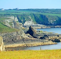 A coastline with rocky cliffs and grassy fields with small buildings on hills in the background at Ty Nant in South Stack