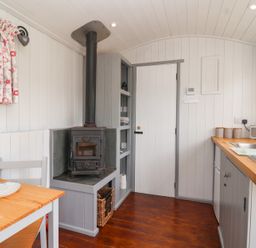 A kitchen with a wood stove and sink at The Shepherds Hut in Chippenham