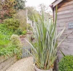 An exterior garden area with a wooden fence and gate plants and a wooden building with a sign saying Wellinghill Lodge in Cheltenham