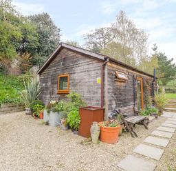 A gravel pathway and seating area outside a wooden garden shed with plants and trees surrounding at Wellinghill Lodge in Cheltenham