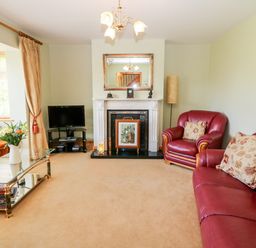 A living room with red leather sofa and armchair near a fireplace and a glass coffee table with flowers at The Blue Annex in The Spa near Tralee County Kerry