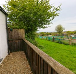 A fenced gravel patio area next to a white building with a garden and allotment plots in the background at The Old Stables in Fishguard