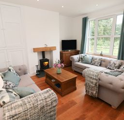A living room with two sofas a wooden coffee table a fireplace and a television at Copybush Cottage in Lawrenny