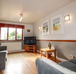 A living room with two grey sofas a wooden coffee table a television on a wooden stand and framed pictures on the wall at Sunflower Cottage in St Issey