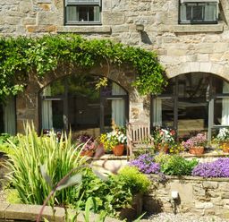 An outdoor garden with various plants and flowers in front of a stone building with arched windows and a wooden chair at The Steadings in Rothbury