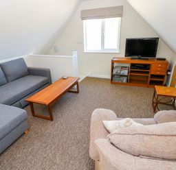 A living room with sofas a wooden coffee table a television on a wooden stand and a window at Mill View in Neyland