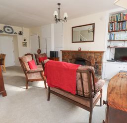 A living room with chairs a fireplace a TV and bookshelves at Brackenbury Cottage in Beddgelert