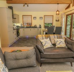 A combined living room and kitchen with sofas and dining table at Nicky Nook Lodge in Scorton