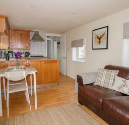 A kitchen and living area with wooden cabinets a dining table with two chairs and a brown leather sofa at Thirley Beck Lodge in Harwood Dale