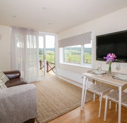 A living room with a leather sofa a small dining table with two chairs and a wall-mounted TV at Thirley Beck Lodge in Harwood Dale