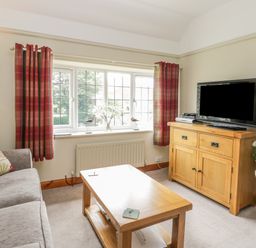 A living room with a gray sofa red plaid curtains a wooden coffee table and cabinet with a tv at Stakesby House Apartment 3 Whitby