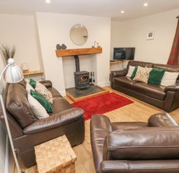 A living room with two brown leather sofas a chair a red rug a wood burning stove and a television at Gwynfa in Capel Iwan near Newcastle Emlyn