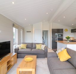A living room with gray sofas and yellow pillows a wooden coffee table and a TV on a wooden stand at Alder Lodge in Teigngrace near Newton Abbot