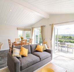 A living room with a gray sofa and yellow cushions next to a dining table with chairs and an open door leading to a balcony at Birch Lodge in Teigngrace near Newton Abbot