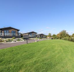 Three small cabins with glass front porches on a paved driveway next to a large grassy area at Birch Lodge in Teigngrace near Newton Abbot