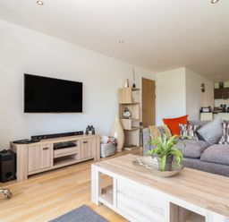 A living room with a grey sofa with cushions a wooden coffee table with a plant a TV mounted on the wall and wooden furniture at 8 Cribbar in Newquay