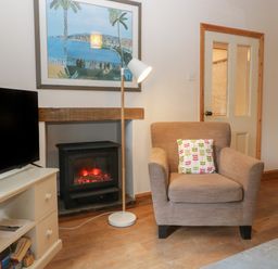 A living room with a brown armchair with a patterned cushion a floor lamp an electric fireplace a TV on a white stand and a painting above the fireplace at Woodlands Cottage Docklow near Leominster