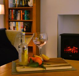 A living room with a wooden table holding a bottle, two glasses, fruits, a couch with cushions, a lamp, a bookshelf, and a fireplace at Gwynant in Pontrhydfendigaid