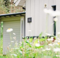 The exterior corner of a light-colored building with wildflowers in the foreground at Otter Lodge in Feshiebridge near Aviemore